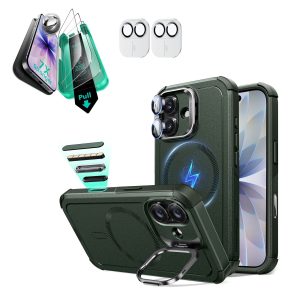 iPhone 17 Bundle Cyber Tough Magnetic Case (Camera Control. Stash Stand) and Armorite Screen Protector - Olive Green