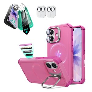iPhone 17 Bundle Cyber Tough Magnetic Case (Camera Control. Stash Stand) and Armorite Screen Protector - Rosy Pink