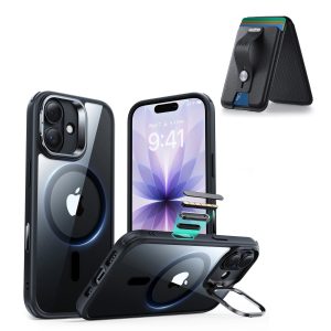 iPhone 17 Classic Hybrid Magnetic Case (Camera Control. Stash Stand) with Wallet Stand Bundle - Clear Black
