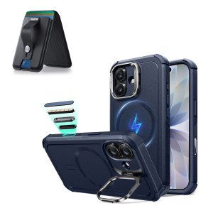 iPhone 17 Cyber Tough Magnetic Case (Camera Control. Stash Stand) with Wallet Stand Bundle - Navy Blue