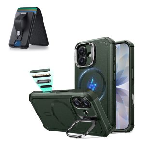 iPhone 17 Cyber Tough Magnetic Case (Camera Control. Stash Stand) with Wallet Stand Bundle - Olive Green