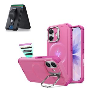 iPhone 17 Cyber Tough Magnetic Case (Camera Control. Stash Stand) with Wallet Stand Bundle - Rosy Pink