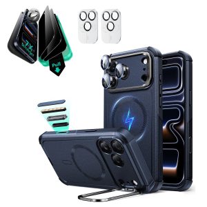 iPhone 17 Pro Bundle Cyber Tough Magnetic Case (Camera Control. Stash Stand) and Armorite Privacy Screen Protector - Navy Blue