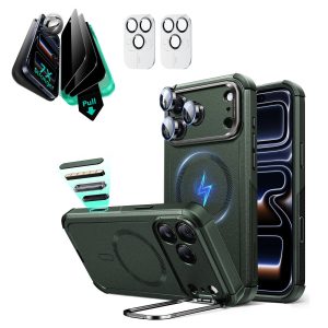 iPhone 17 Pro Bundle Cyber Tough Magnetic Case (Camera Control. Stash Stand) and Armorite Privacy Screen Protector - Olive Green