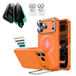 iPhone 17 Pro Bundle Cyber Tough Magnetic Case (Camera Control. Stash Stand) and Armorite Privacy Screen Protector - Orange