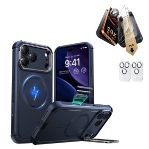 iPhone 17 Pro Bundle Cyber Tough Magnetic Case (Camera Control. Stash Stand) and Armorite Pro Screen Protector - Navy Blue