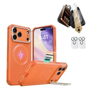 iPhone 17 Pro Bundle Cyber Tough Magnetic Case (Camera Control. Stash Stand) and Armorite Pro Screen Protector - Orange