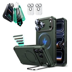 iPhone 17 Pro Bundle Cyber Tough Magnetic Case (Camera Control. Stash Stand) and Armorite Screen Protector - Olive Green