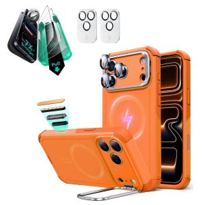 iPhone 17 Pro Bundle Cyber Tough Magnetic Case (Camera Control. Stash Stand) and Armorite Screen Protector - Orange