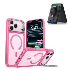 iPhone 17 Pro Classic Hybrid Magnetic Case (Camera Control. Stash Stand) with Wallet Stand Bundle - Frosted Pink
