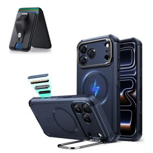 iPhone 17 Pro Cyber Tough Magnetic Case (Camera Control. Stash Stand) with Wallet Stand Bundle - Navy Blue