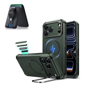 iPhone 17 Pro Cyber Tough Magnetic Case (Camera Control. Stash Stand) with Wallet Stand Bundle - Olive Green