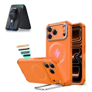 iPhone 17 Pro Cyber Tough Magnetic Case (Camera Control. Stash Stand) with Wallet Stand Bundle - Orange