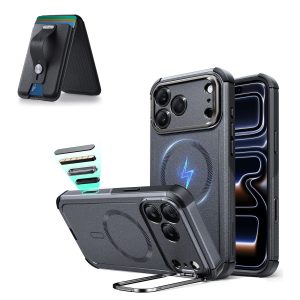 iPhone 17 Pro Cyber Tough Magnetic Case (Camera Control. Stash Stand) with Wallet Stand Bundle - Space Gray