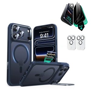 iPhone 17 Pro Max Bundle Classic Hybrid Magnetic Case (Camera Control. Stash Stand) and Armorite Privacy Screen Protector - Frosted Blue