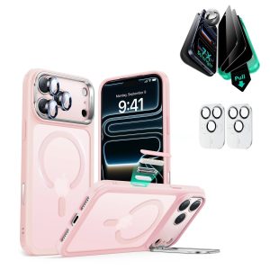 iPhone 17 Pro Max Bundle Classic Hybrid Magnetic Case (Camera Control. Stash Stand) and Armorite Privacy Screen Protector - Frosted Bubblegum Pink