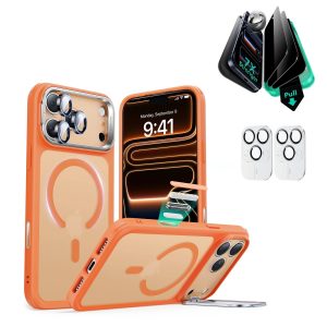 iPhone 17 Pro Max Bundle Classic Hybrid Magnetic Case (Camera Control. Stash Stand) and Armorite Privacy Screen Protector - Frosted Orange