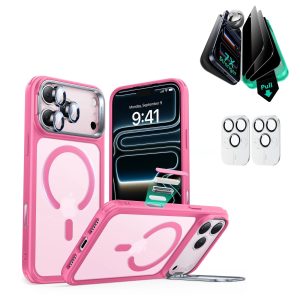 iPhone 17 Pro Max Bundle Classic Hybrid Magnetic Case (Camera Control. Stash Stand) and Armorite Privacy Screen Protector - Frosted Pink