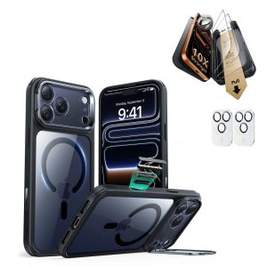 iPhone 17 Pro Max Bundle Classic Hybrid Magnetic Case (Camera Control. Stash Stand) and Armorite Pro Screen Protector - Clear Black