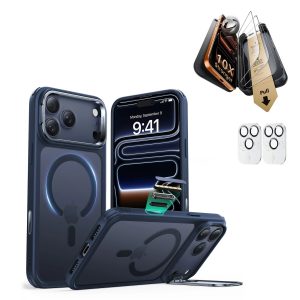 iPhone 17 Pro Max Bundle Classic Hybrid Magnetic Case (Camera Control. Stash Stand) and Armorite Pro Screen Protector - Frosted Blue