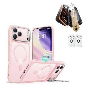 iPhone 17 Pro Max Bundle Classic Hybrid Magnetic Case (Camera Control. Stash Stand) and Armorite Pro Screen Protector - Frosted Bubblegum Pink