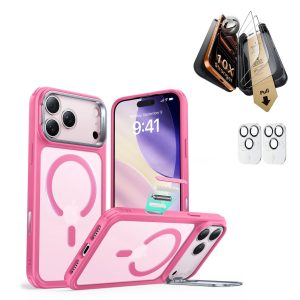iPhone 17 Pro Max Bundle Classic Hybrid Magnetic Case (Camera Control. Stash Stand) and Armorite Pro Screen Protector - Frosted Pink