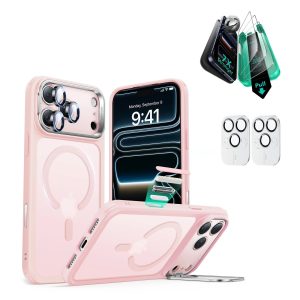iPhone 17 Pro Max Bundle Classic Hybrid Magnetic Case (Camera Control. Stash Stand) and Armorite Screen Protector - Frosted Bubblegum Pink
