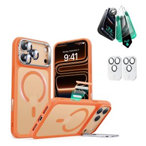 iPhone 17 Pro Max Bundle Classic Hybrid Magnetic Case (Camera Control. Stash Stand) and Armorite Screen Protector - Frosted Orange