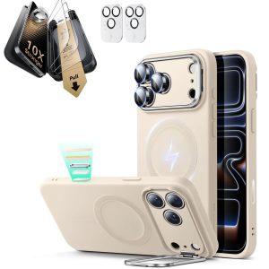 iPhone 17 Pro Max Bundle Cloud Soft Magnetic Case (Camera Control. Stash Stand) and Armorite Pro Screen Protector - Light Tan