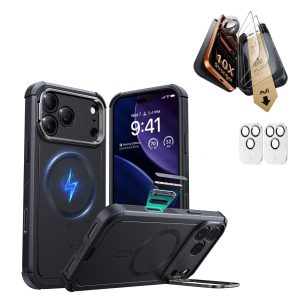 iPhone 17 Pro Max Bundle Cyber Tough Magnetic Case (Camera Control. Stash Stand) and Armorite Pro Screen Protector - Black