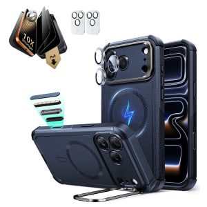 iPhone 17 Pro Max Bundle Cyber Tough Magnetic Case (Stash Stand) and Armorite Pro Privacy Screen Protector - Navy Blue