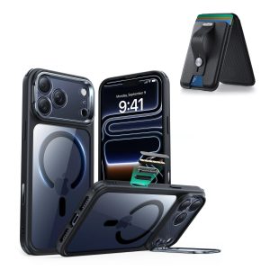 iPhone 17 Pro Max Classic Hybrid Magnetic Case (Camera Control. Stash Stand) with Wallet Stand Bundle - Clear Black