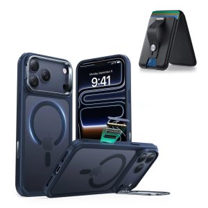 iPhone 17 Pro Max Classic Hybrid Magnetic Case (Camera Control. Stash Stand) with Wallet Stand Bundle - Frosted Blue