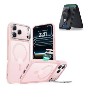 iPhone 17 Pro Max Classic Hybrid Magnetic Case (Camera Control. Stash Stand) with Wallet Stand Bundle - Frosted Bubblegum Pink
