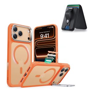 iPhone 17 Pro Max Classic Hybrid Magnetic Case (Camera Control. Stash Stand) with Wallet Stand Bundle - Frosted Orange