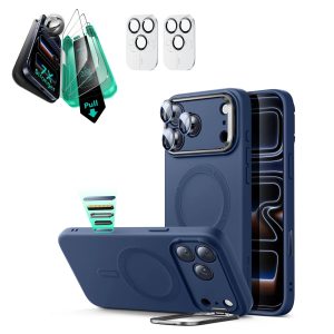 iPhone 17 Pro Max Cloud Soft Magnetic Case (Camera Control. Stash Stand) Armorite Protection Bundle - Navy Blue