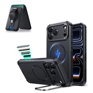 iPhone 17 Pro Max Cyber Tough Magnetic Case (Camera Control. Stash Stand) with Wallet Stand Bundle - Black