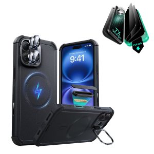iPhone 16 Plus Cyber Tough Magnetic Case Privacy Protection Bundle (Camera Control. Stash Stand) - Black