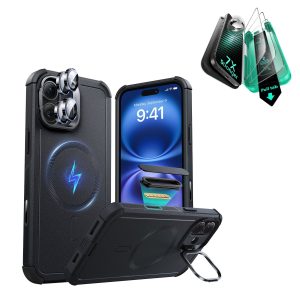 iPhone 16 Plus Cyber Tough Magnetic Case Protection Bundle (Camera Control. Stash Stand) - Black