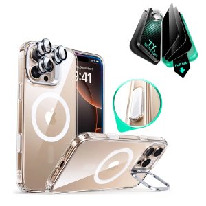 iPhone 16 Pro Max Classic Hybrid Magnetic Case (Camera Control. Stash Stand) & Privacy Screen Protector Bundle - Clear