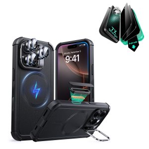 iPhone 16 Pro Cyber Tough Magnetic Case Privacy Protection Bundle (Camera Control. Stash Stand) - Black