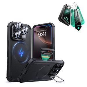 iPhone 16 Pro Max Cyber Tough Magnetic Case Protection Bundle (Camera Control. Stash Stand) - Black