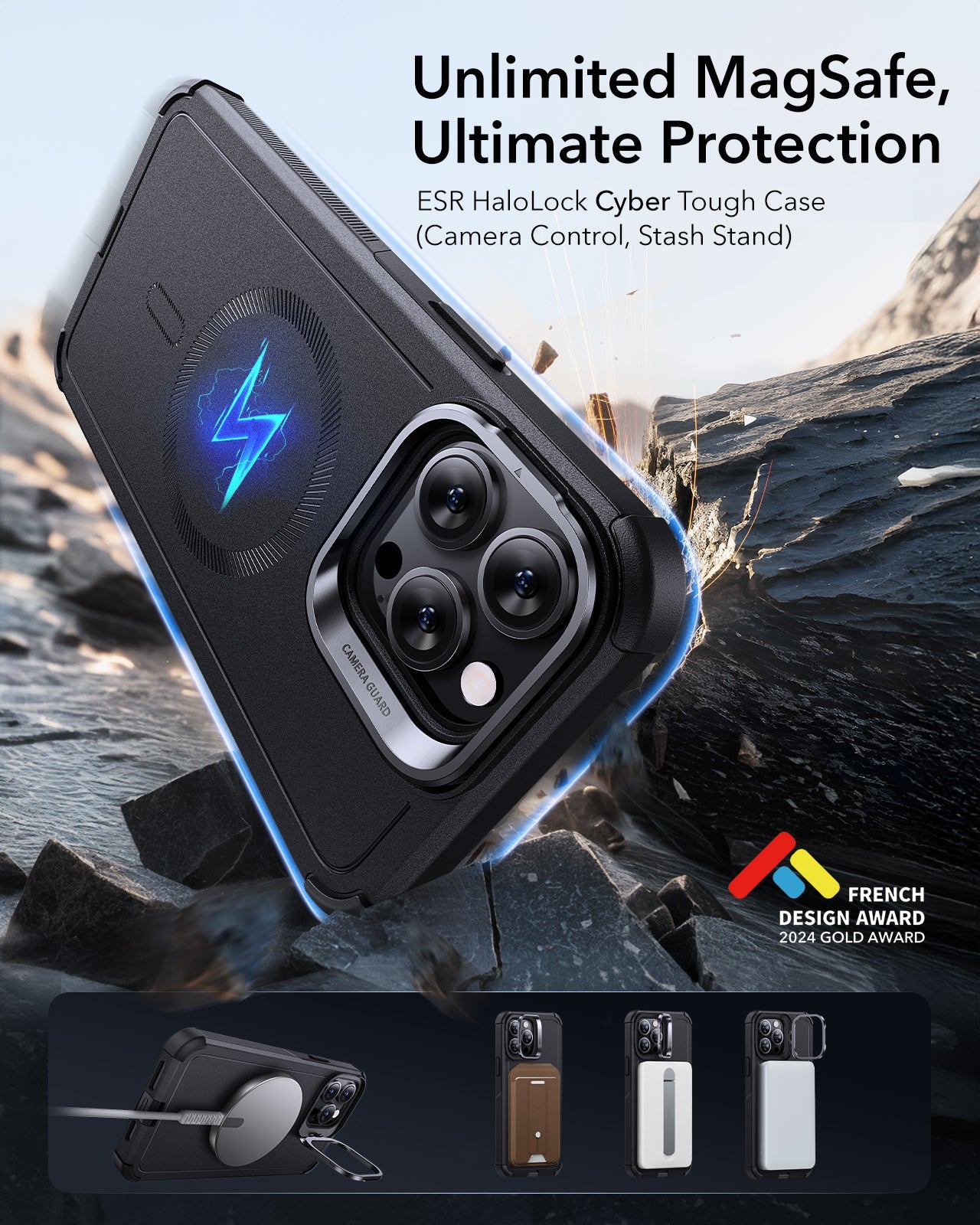 iPhone 14 Pro Cyber Tough Magnetic Case (Stash Stand) - Black - Image 2
