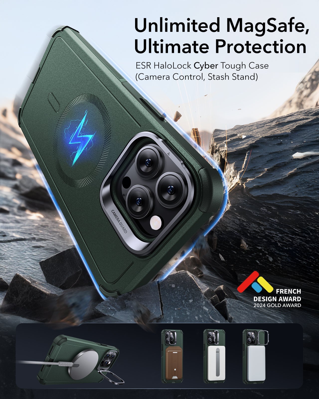 iPhone 14 Pro Cyber Tough Magnetic Case (Stash Stand) - Green - Image 2