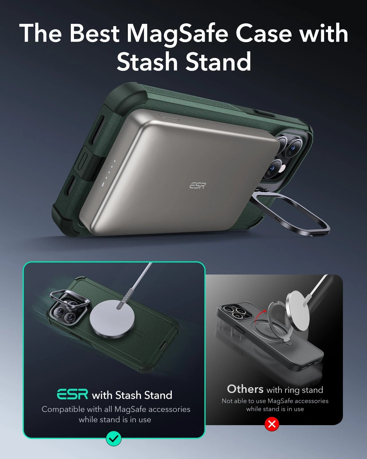 iPhone 14 Pro Cyber Tough Magnetic Case (Stash Stand) - Green - Image 4