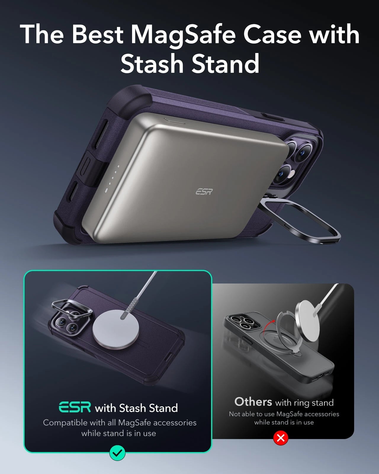 iPhone 14 Pro Cyber Tough Magnetic Case (Stash Stand) - Purple - Image 4