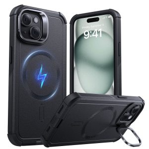 iPhone 15 Cyber Tough Magnetic Case with Stash Stand - Black