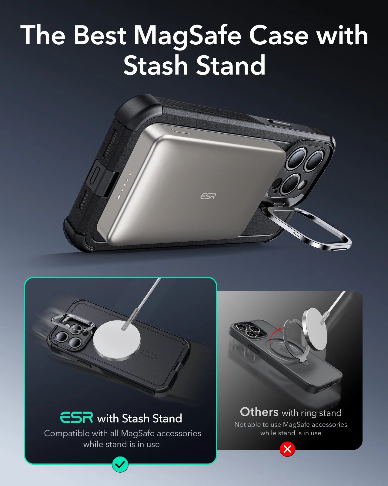 iPhone 15 Pro Cyber Tough Case with Stash Stand (HaloLock) - Black - Image 4