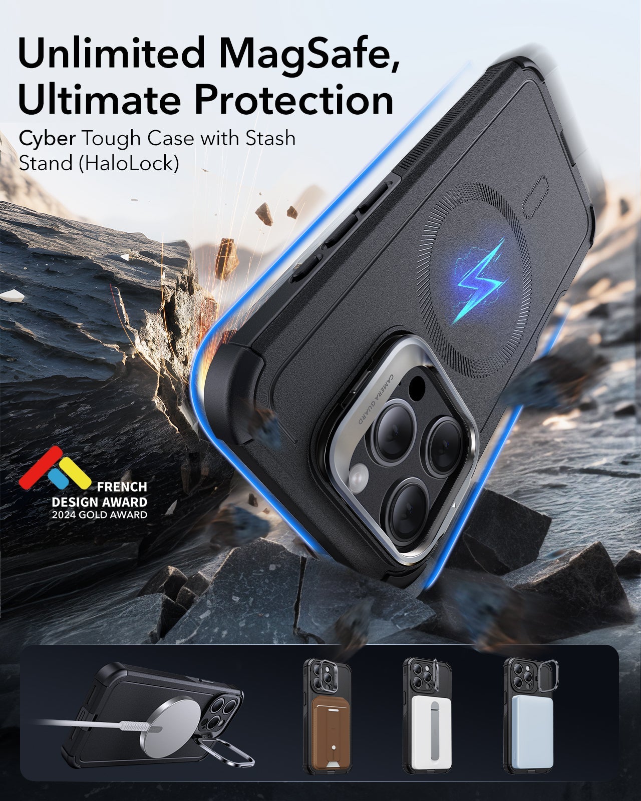 iPhone 15 Pro Max Cyber Tough Case with Stash Stand (HaloLock) - Black - Image 2