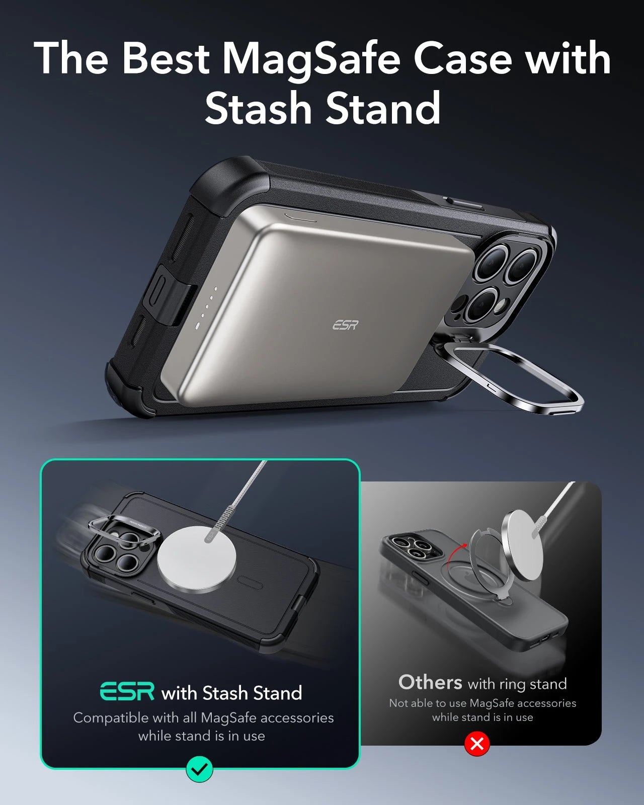 iPhone 15 Pro Max Cyber Tough Case with Stash Stand (HaloLock) - Black - Image 4